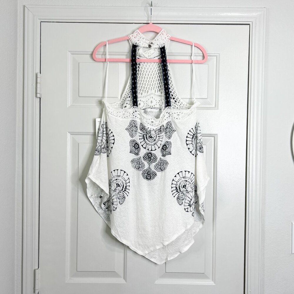 Free People Mandolin White and Navy Blue Crochet High Neck Halter Top - Picture 7 of 7